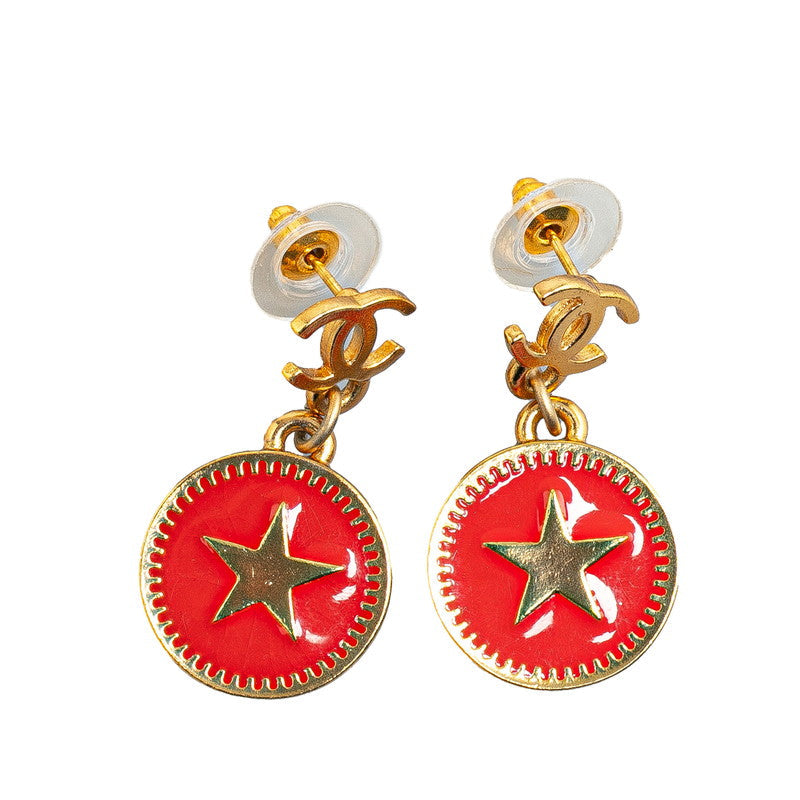 Chanel Coco Mark Star Round Earrings Gold Red