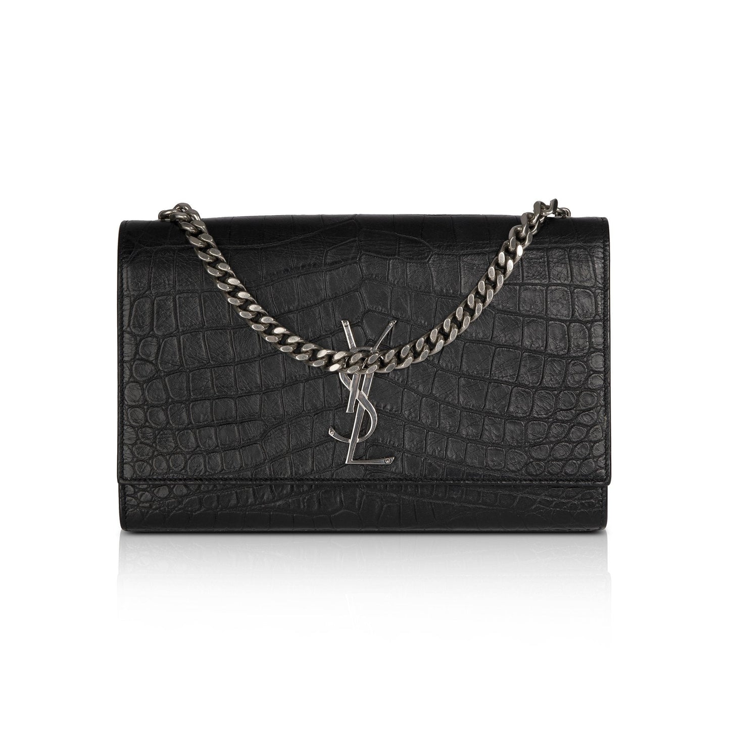 Saint Laurent Black Medium Croc Embossed Classic Kate Double Handle Satchel