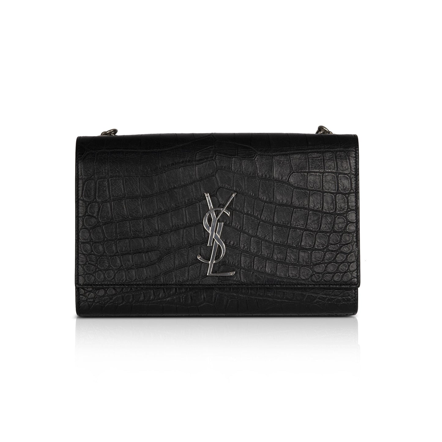 Saint Laurent Black Medium Croc Embossed Classic Kate Double Handle Satchel
