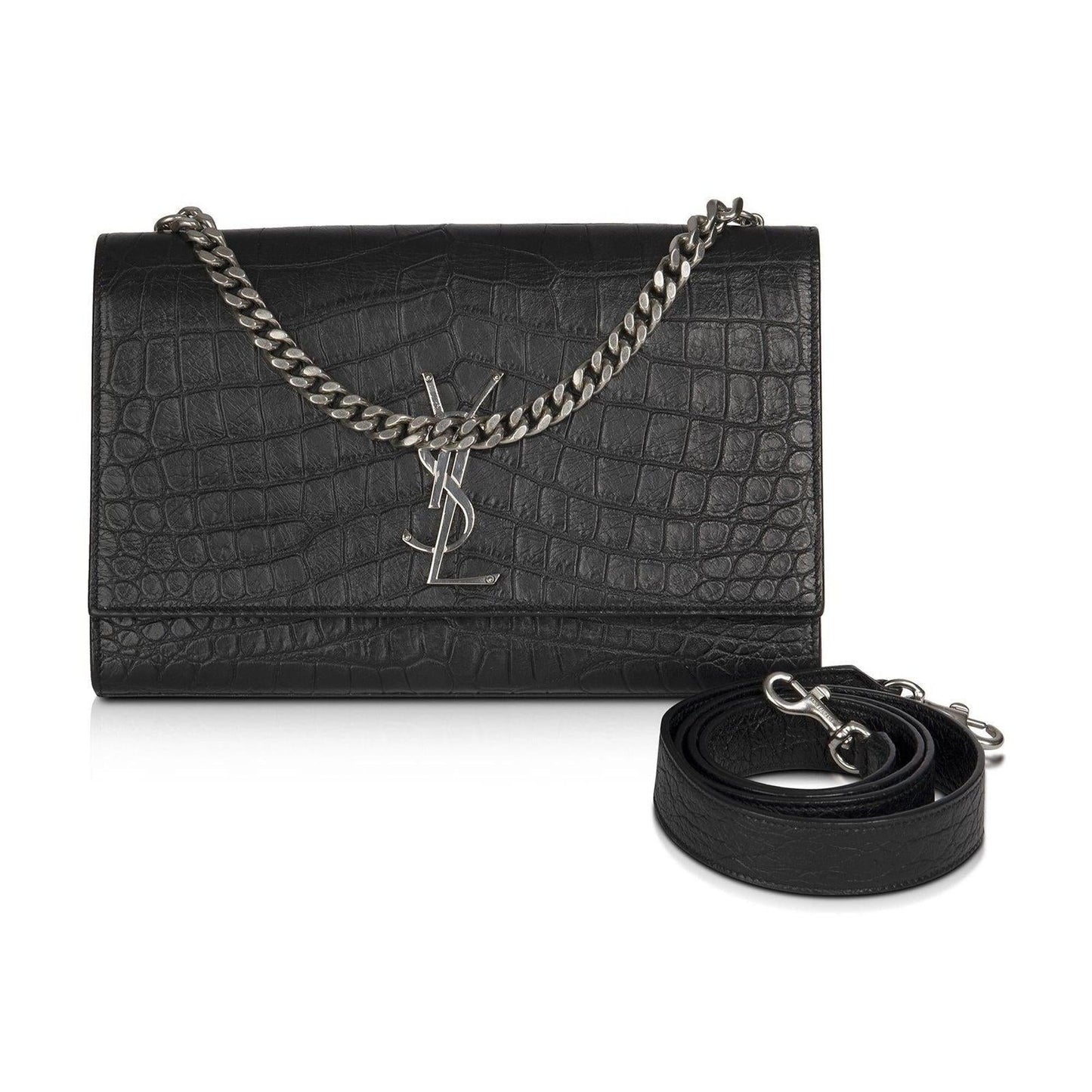 Saint Laurent Black Medium Croc Embossed Classic Kate Double Handle Satchel