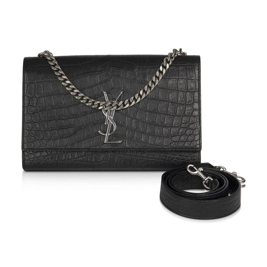 Saint Laurent Black Medium Croc Embossed Classic Kate Double Handle Satchel