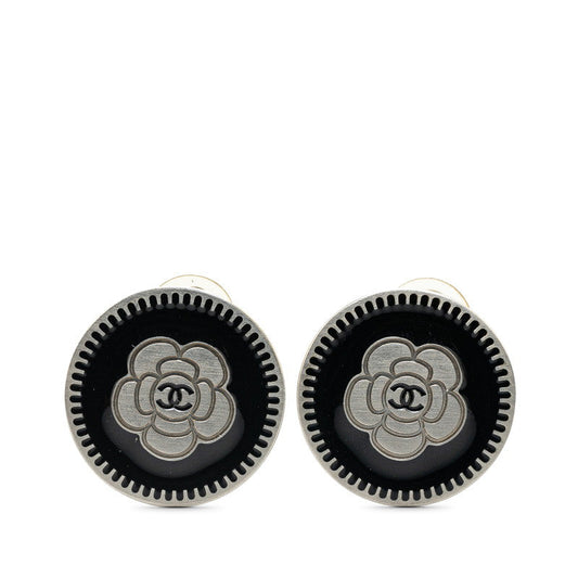 Chanel Camellia Earrings Silver Black Metal