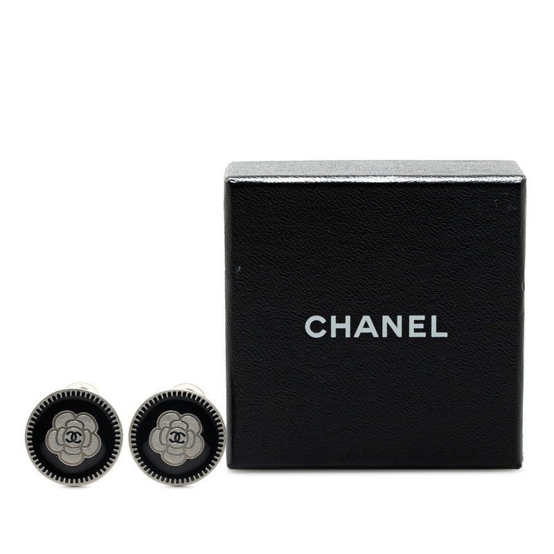 Chanel Camellia Earrings Silver Black Metal