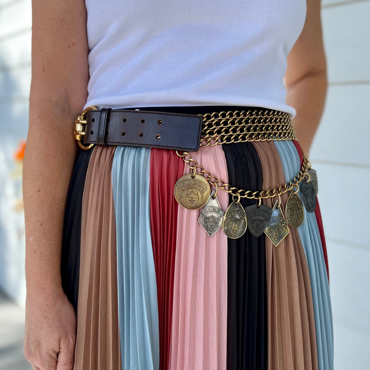 Luxury Gucci Goldtoned Crest Charms Belt