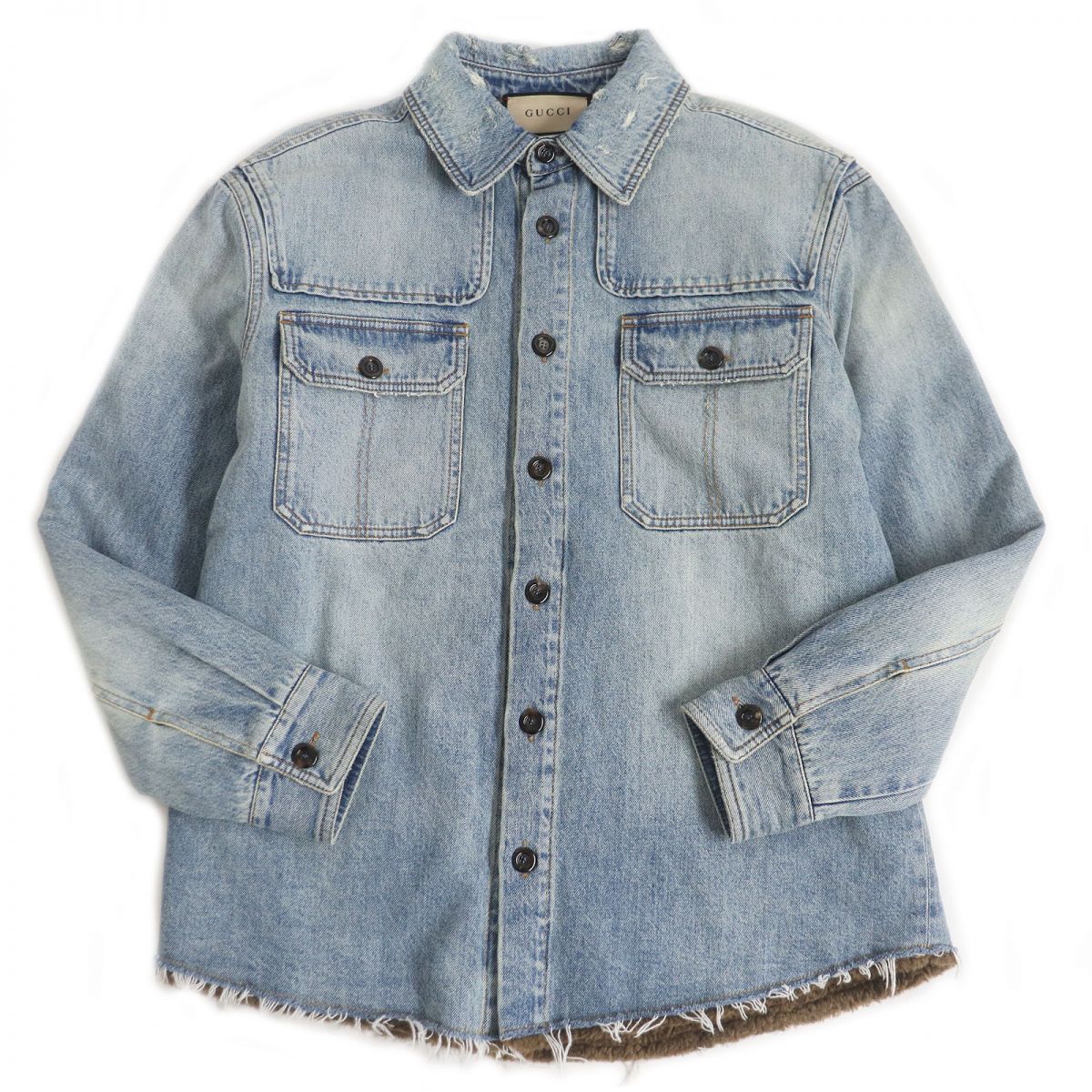 Luxury Gucci Trending 2025 Denim Jacket Distressed Fleece Lining Blue 44
