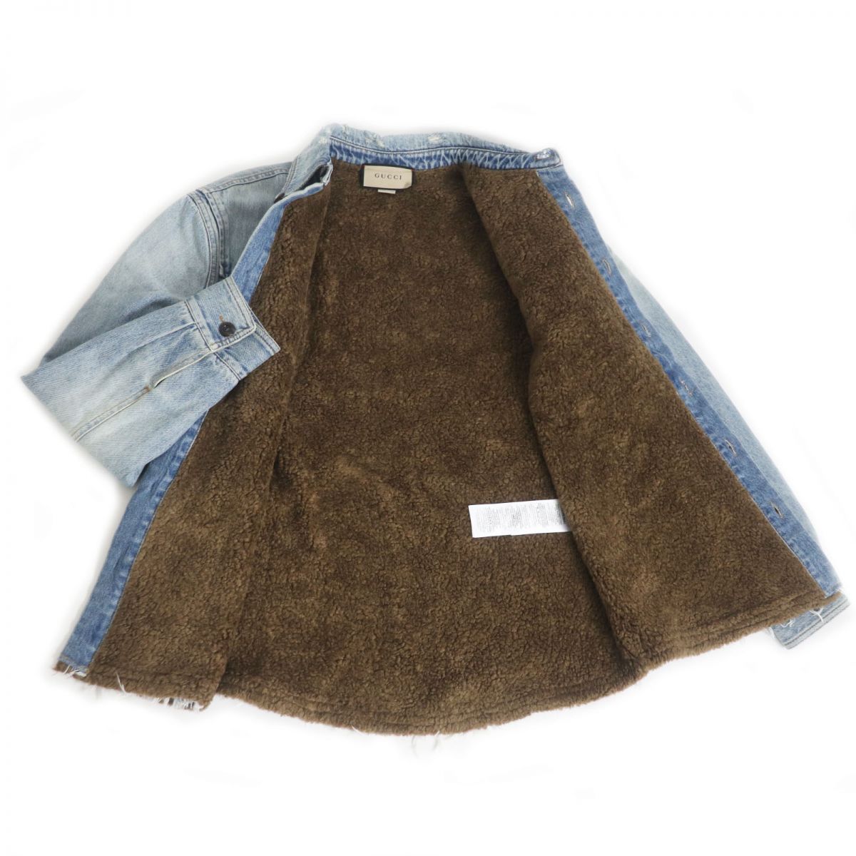 Luxury Gucci Trending 2025 Denim Jacket Distressed Fleece Lining Blue 44