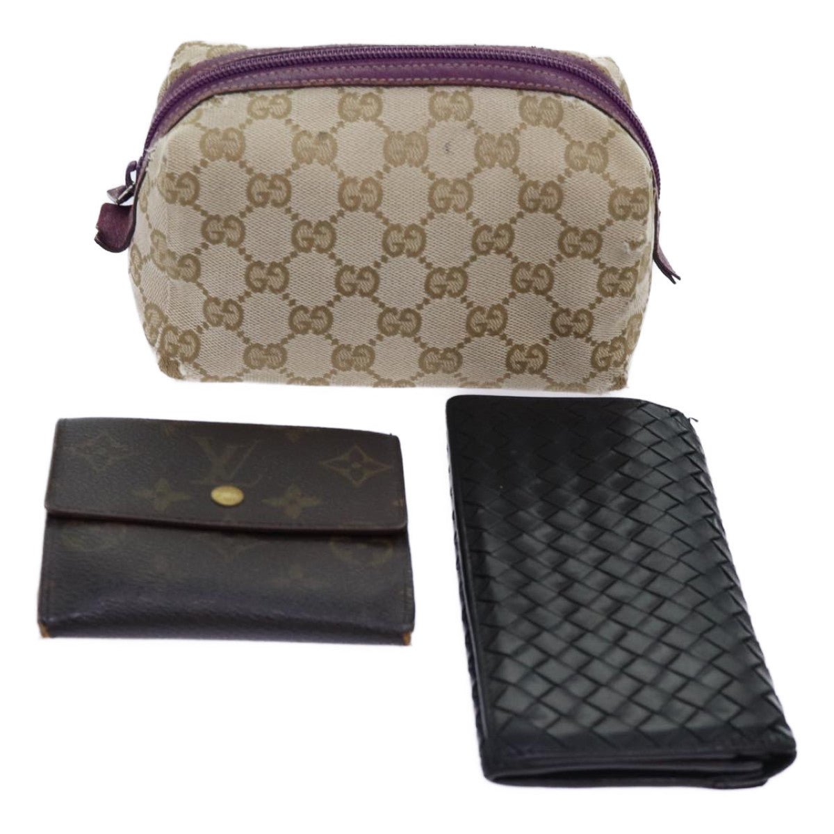 LOUIS VUITTON Gucci Bottega Monogram Wallet Leather 3Set Beige LV tb1078