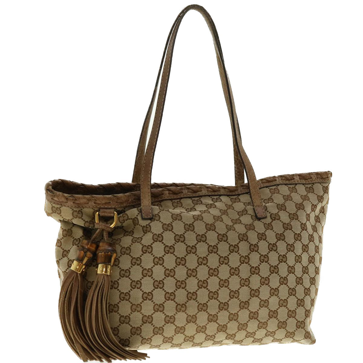 Luxury Gucci GG Canvas Fringe Bamboo Tote Bag Beige Brown 218780 Auth tb616