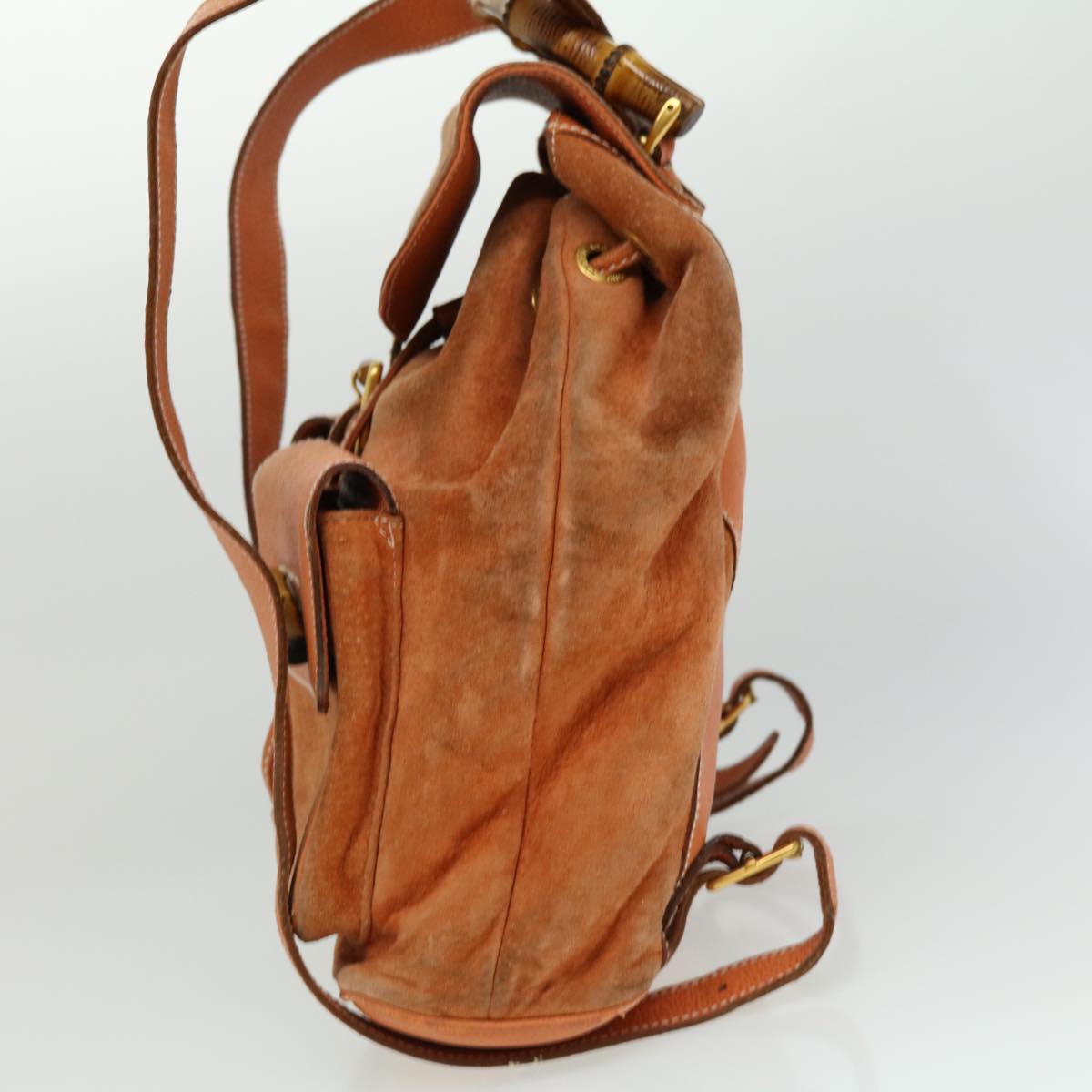 Luxury Gucci Bamboo Backpack Suede Leather Orange Auth th3041