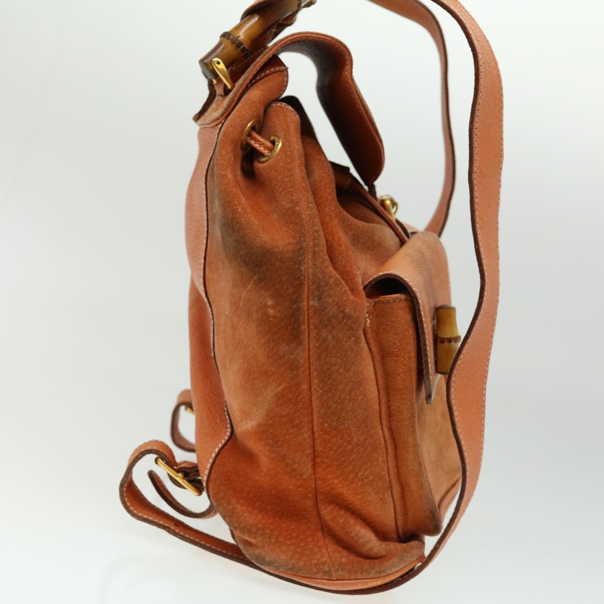 Luxury Gucci Bamboo Backpack Suede Leather Orange Auth th3041