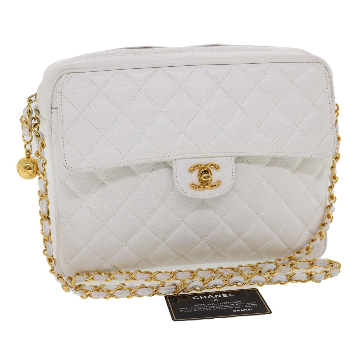 Luxury Chanel Matelasse Chain Shoulder Bag Caviar Skin Gold White CC  am1370gA
