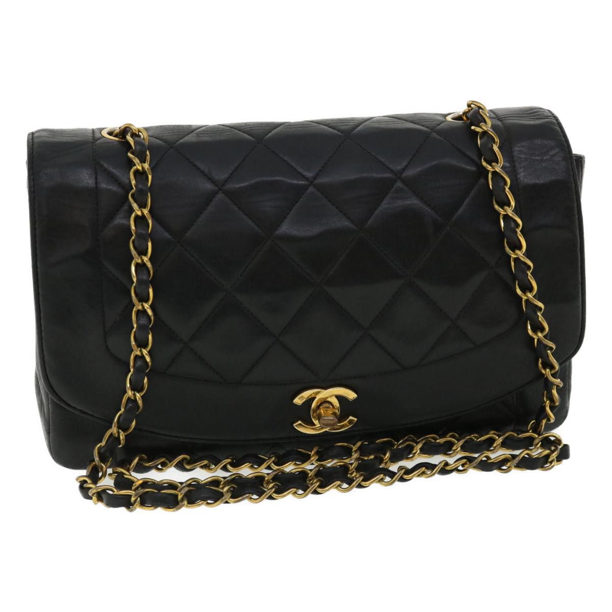 CHANEL Diana Matelasse Chain Flap Shoulder Bag Lamb Skin Black Gold  25036A