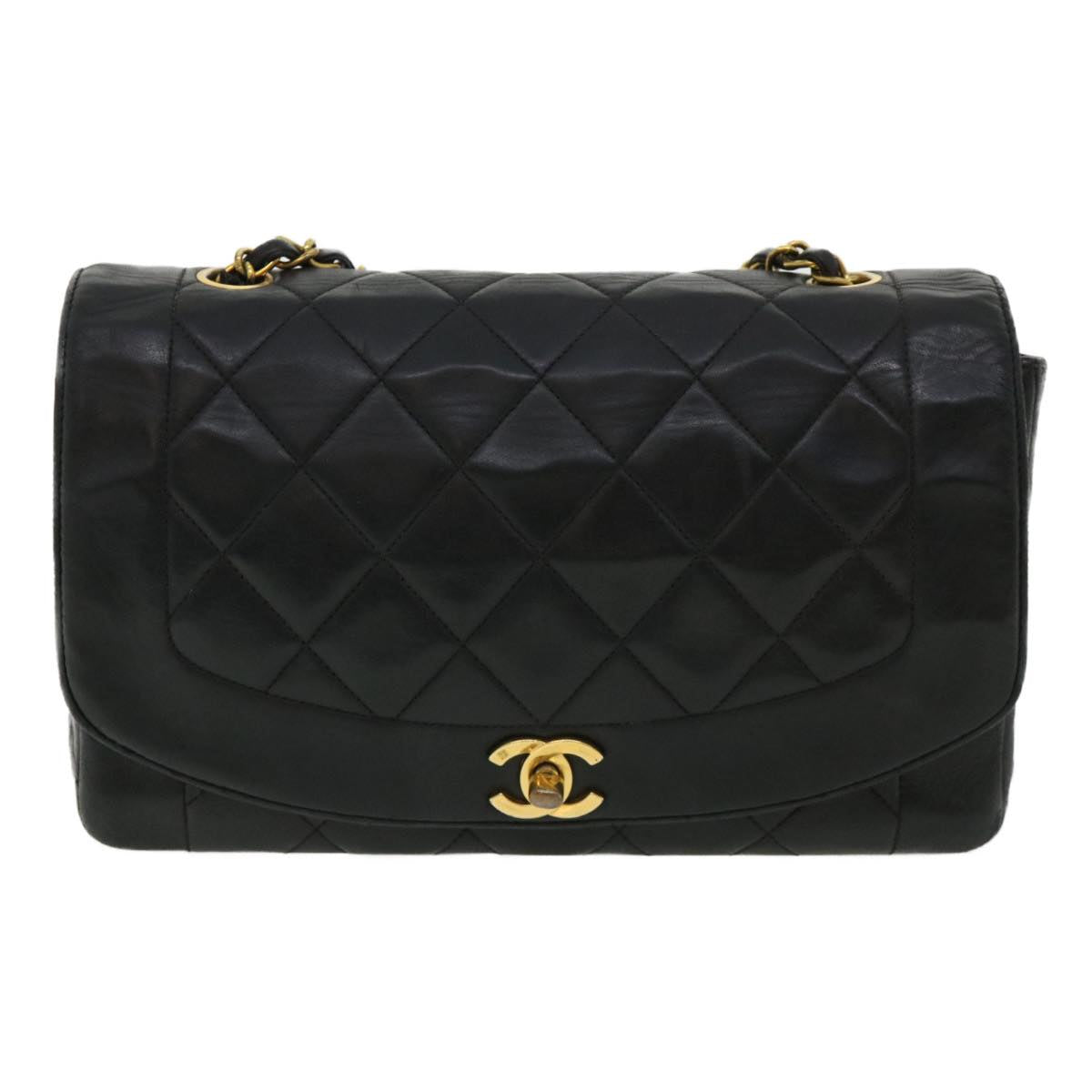 CHANEL Diana Matelasse Chain Flap Shoulder Bag Lamb Skin Black Gold  25036A