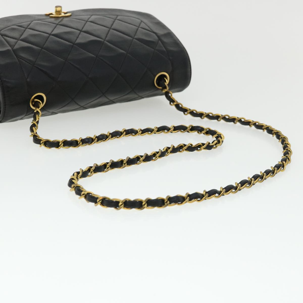 CHANEL Diana Matelasse Chain Flap Shoulder Bag Lamb Skin Black Gold  25036A