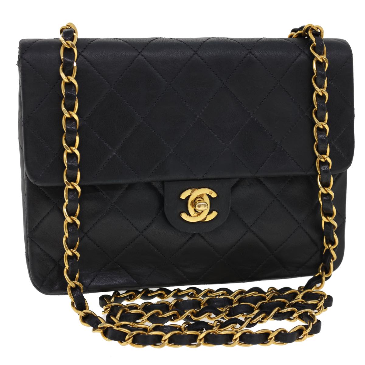 CHANEL Matelasse Chain Flap Turn Lock Shoulder Bag Lamb Skin Black  34659A