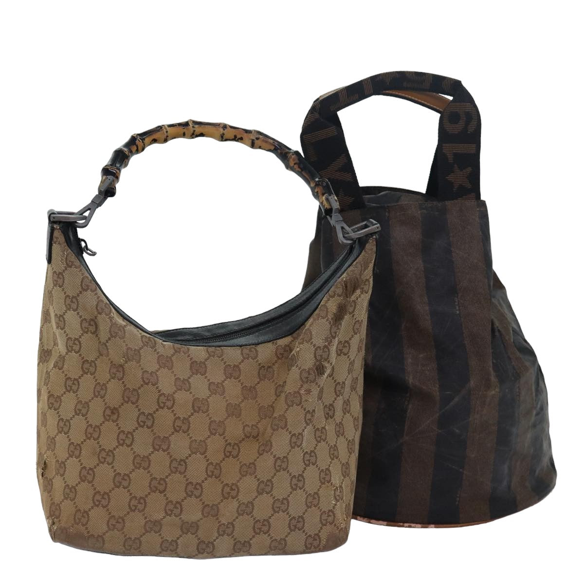 Luxury Fendi Gucci Bamboo GG Canvas Pecan Canvas Hand Bag 2Set Beige Blackti1766