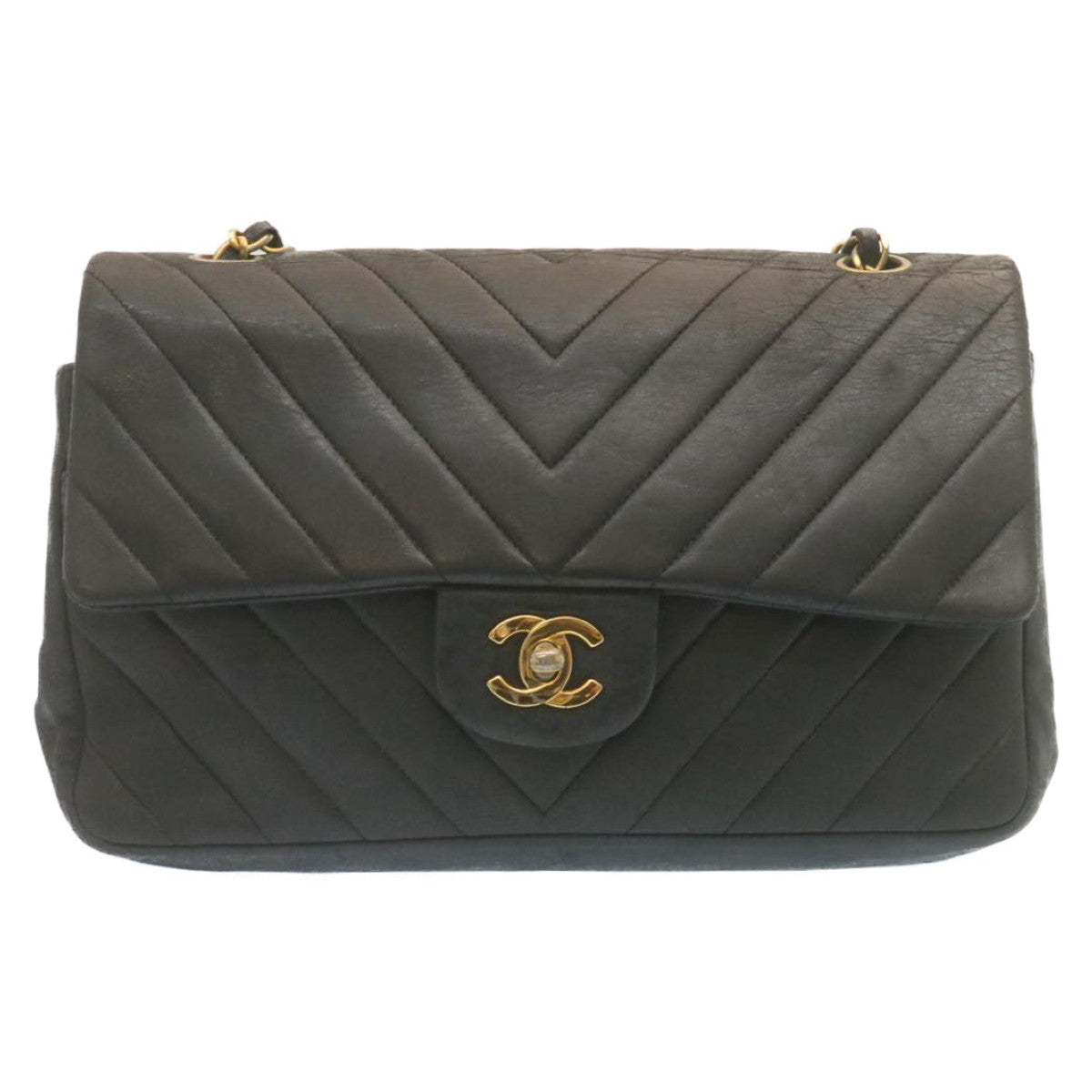 CHANEL Mademoiselle Turn Lock Flap Shoulder Bag Lamb Skin Black CC  tp204A