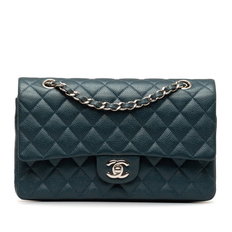 Chanel Matlasse 25 Coco Mark Double Flap Chain Shoulder Bag Blue Silver Caviar Skin