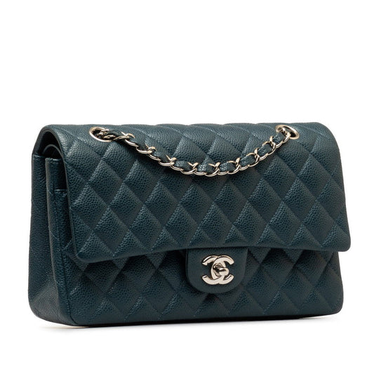 Chanel Matlasse 25 Coco Mark Double Flap Chain Shoulder Bag Blue Silver Caviar Skin