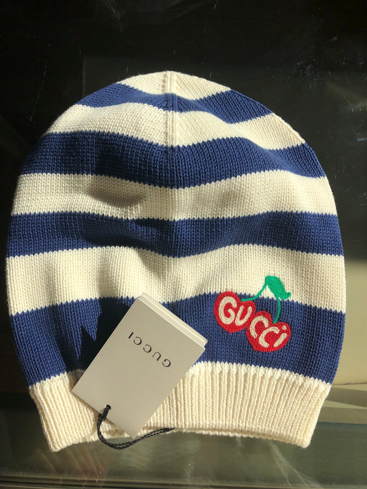 Luxury Gucci Trending 2025 Blue and White Striped Beanie Hat with Cherry Motif