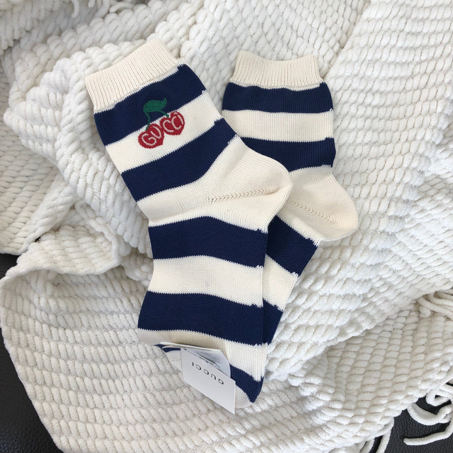 Luxury Gucci Trending 2025 Blue and White Striped Knitted Ankle Socks with Cherries