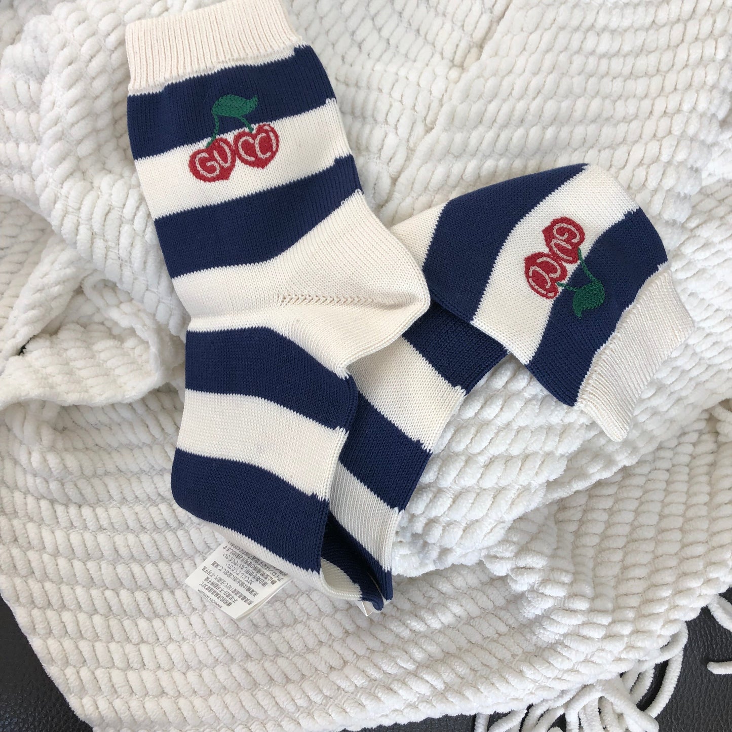 Luxury Gucci Trending 2025 Blue and White Striped Knitted Ankle Socks with Cherries