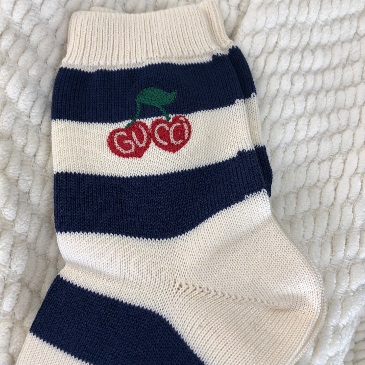 Luxury Gucci Trending 2025 Blue and White Striped Knitted Ankle Socks with Cherries