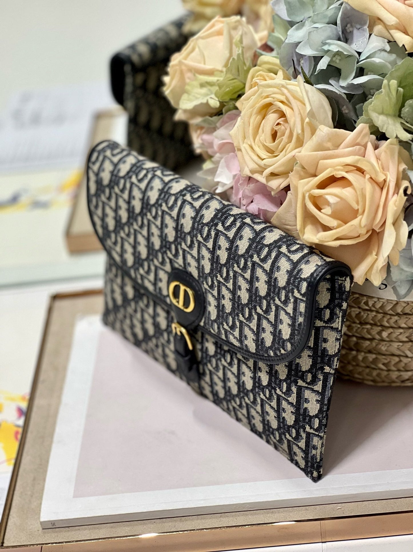 Luxury DiorBOBBY 27CM BLUE OBLIQUE EMBROIDERY