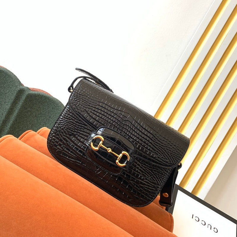 Luxury Gucci GG 1955 Horsebit Bag 25cm Black Crocodile Leather Gold Hardware