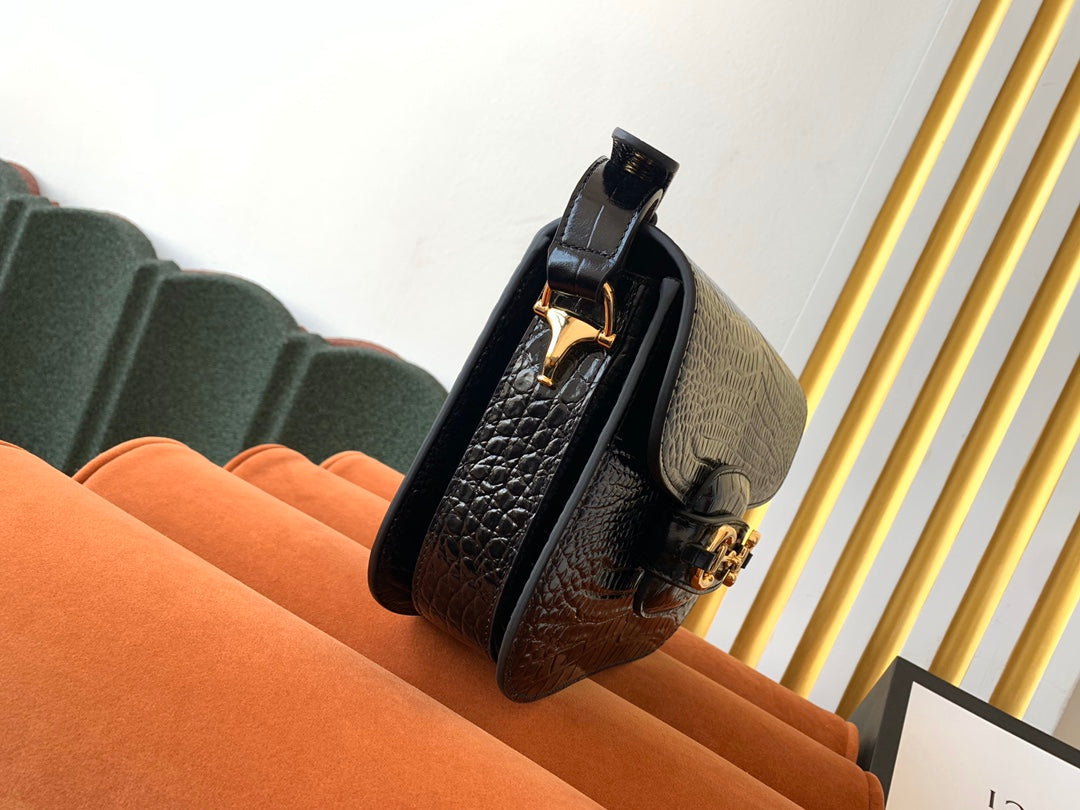Luxury Gucci GG 1955 Horsebit Bag 25cm Black Crocodile Leather Gold Hardware