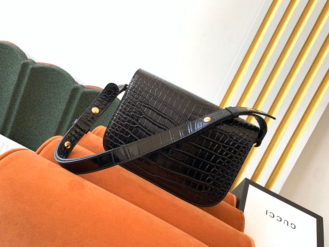 Luxury Gucci GG 1955 Horsebit Bag 25cm Black Crocodile Leather Gold Hardware