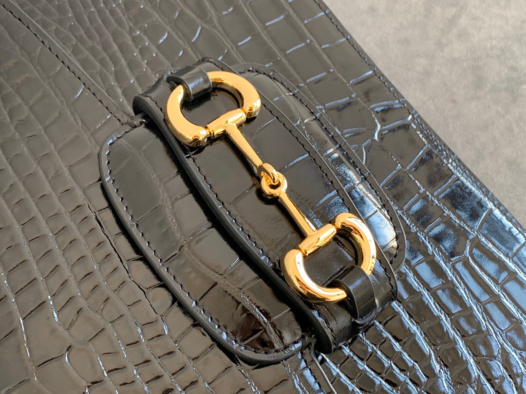 Luxury Gucci GG 1955 Horsebit Bag 25cm Black Crocodile Leather Gold Hardware