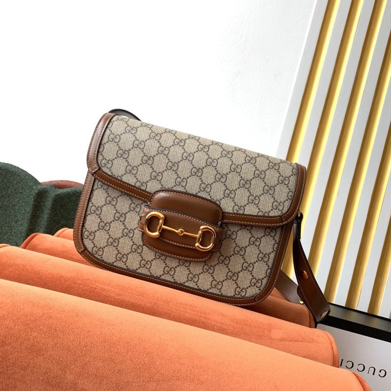 Luxury Gucci GG 1955 Horsebit Bag 25cm Brown Leather Beige Canvas Gold Hardware