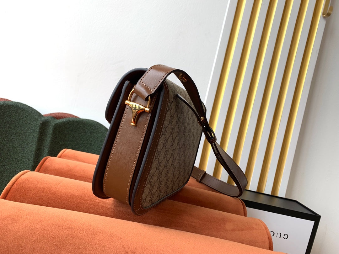 Luxury Gucci GG 1955 Horsebit Bag 25cm Brown Leather Beige Canvas Gold Hardware