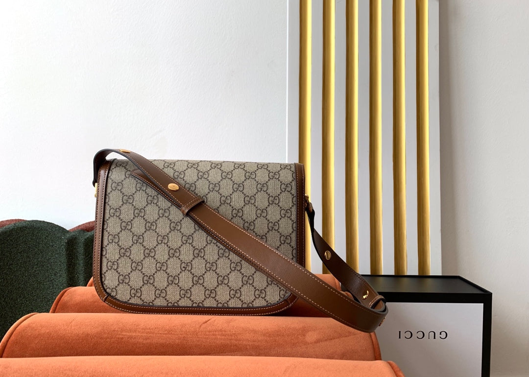 Luxury Gucci GG 1955 Horsebit Bag 25cm Brown Leather Beige Canvas Gold Hardware