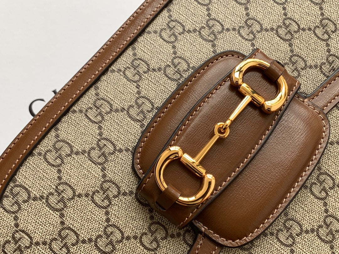 Luxury Gucci GG 1955 Horsebit Bag 25cm Brown Leather Beige Canvas Gold Hardware
