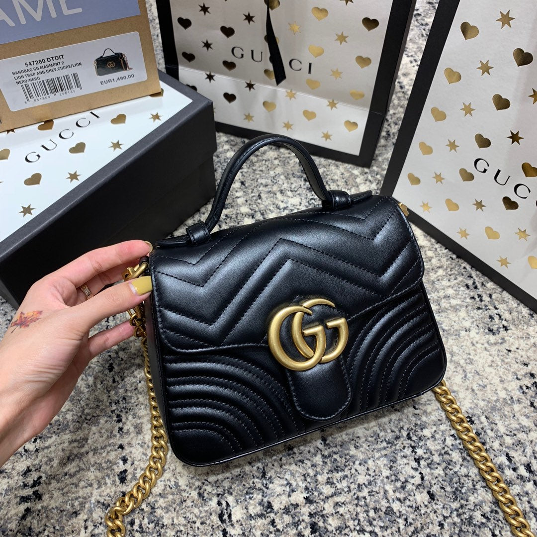 Luxury Gucci GG Marmont 21cm Mini Top Black Calfskin Gold Hardware