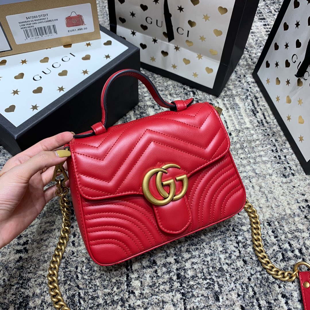 Luxury Gucci GG Marmont 21cm Mini Top Red Calfskin Gold Hardware