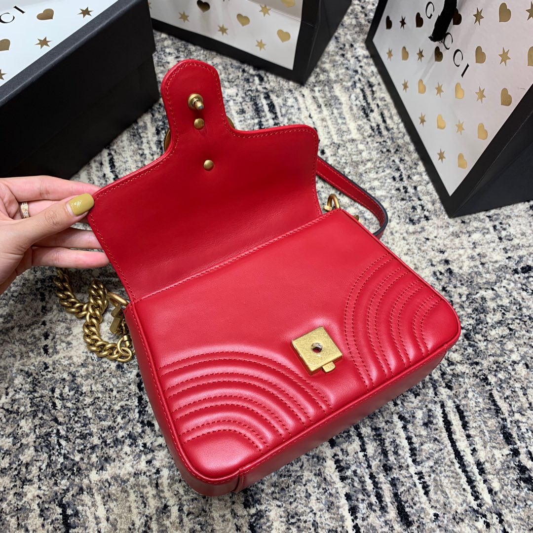 Luxury Gucci GG Marmont 21cm Mini Top Red Calfskin Gold Hardware