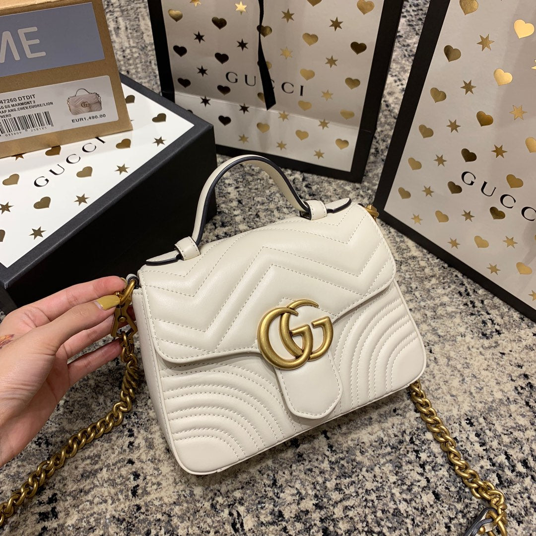 Luxury Gucci GG Marmont 21cm Mini Top White Calfskin Gold Hardware
