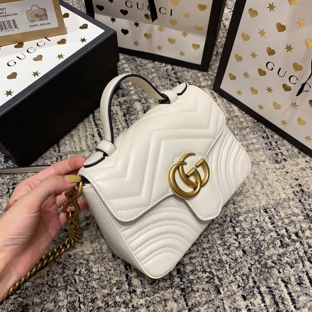 Luxury Gucci GG Marmont 21cm Mini Top White Calfskin Gold Hardware