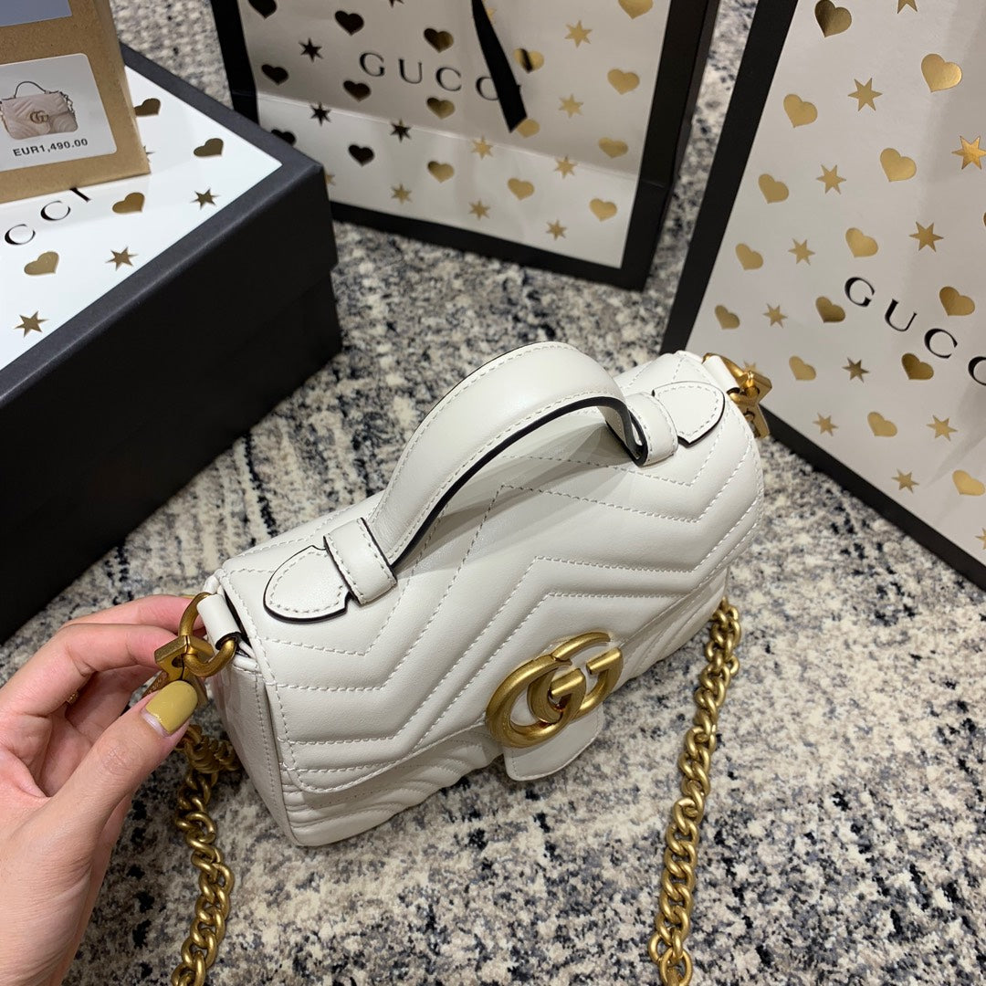 Luxury Gucci GG Marmont 21cm Mini Top White Calfskin Gold Hardware