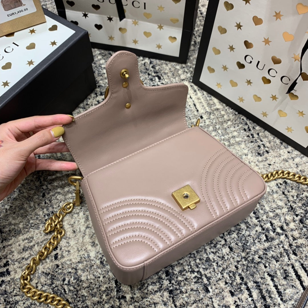 Luxury Gucci GG Marmont 21cm Mini Top Dark Beige Calfskin Gold Hardware