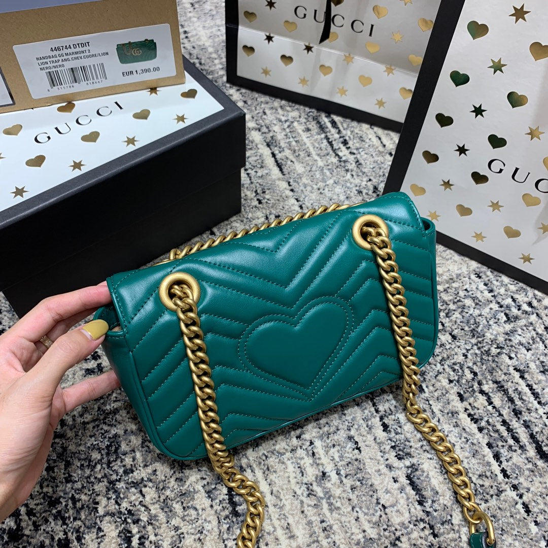 Luxury Gucci GG Marmont 22cm Turquoise Calfskin Gold Hardware