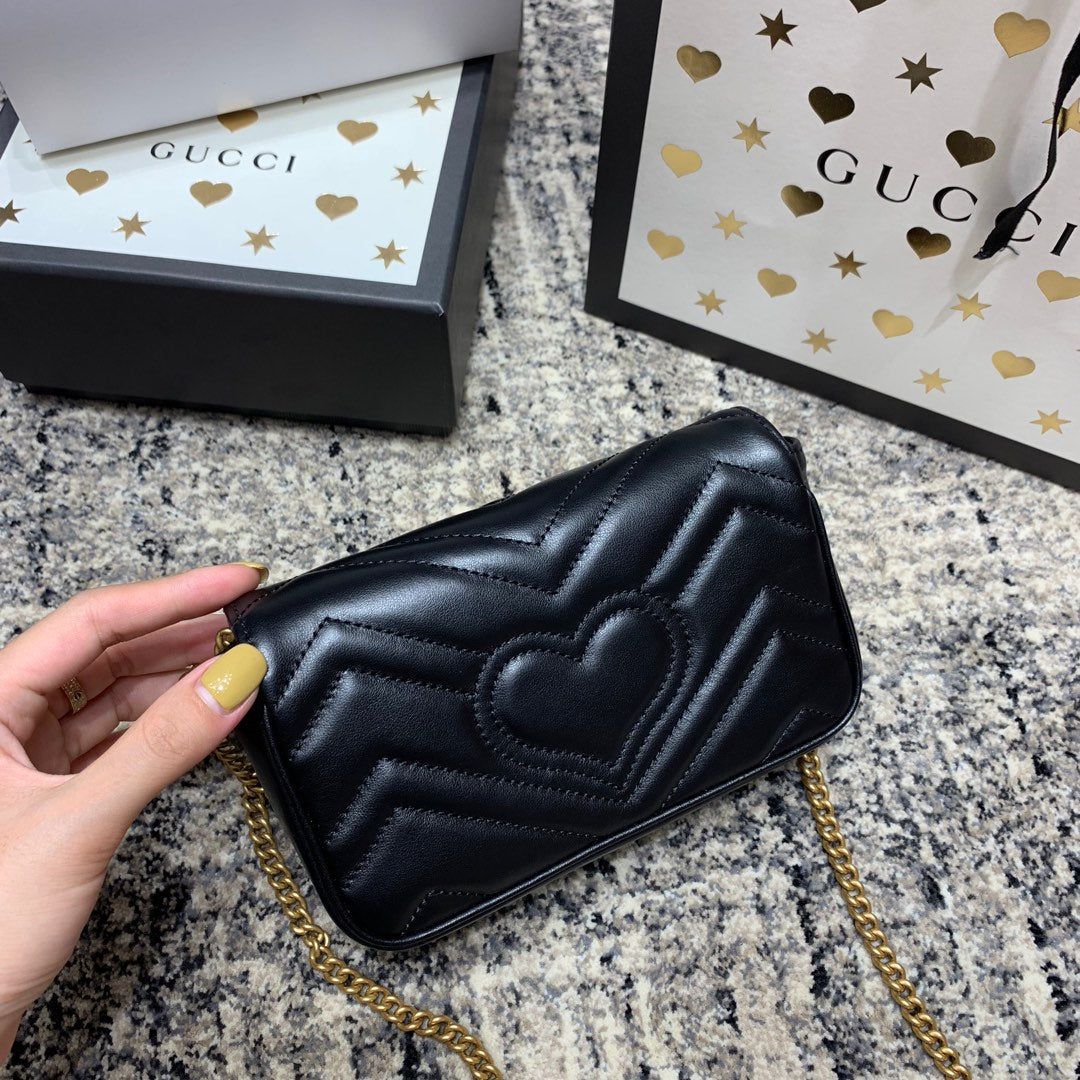 Luxury Gucci GG Marmont Mini 16.5cm Black Calfskin Gold Hardware