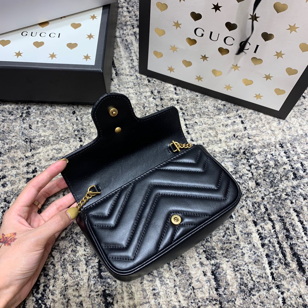 Luxury Gucci GG Marmont Mini 16.5cm Black Calfskin Gold Hardware