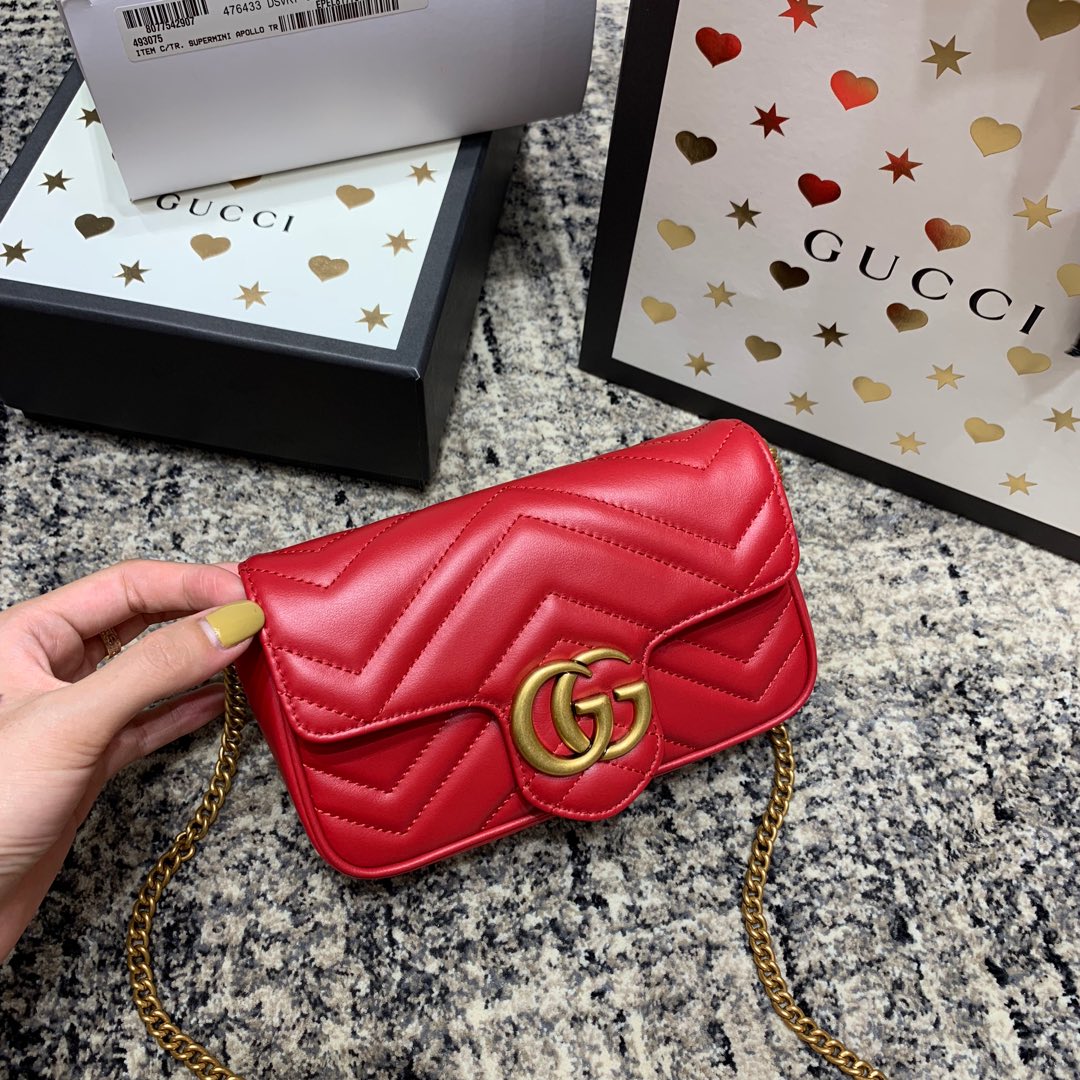 Luxury Gucci GG Marmont Mini 16.5cm Red Calfskin Gold Hardware
