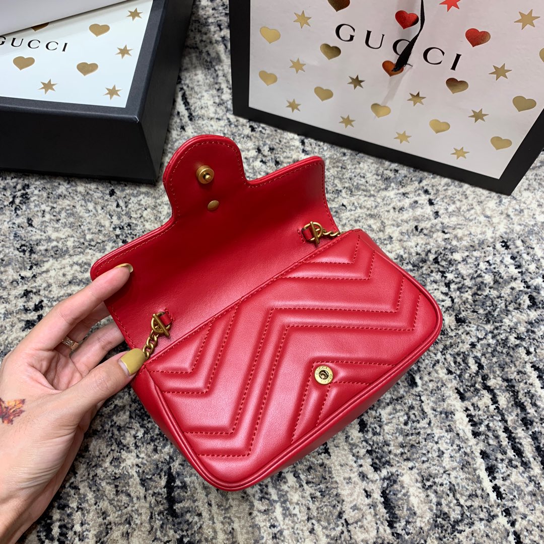 Luxury Gucci GG Marmont Mini 16.5cm Red Calfskin Gold Hardware