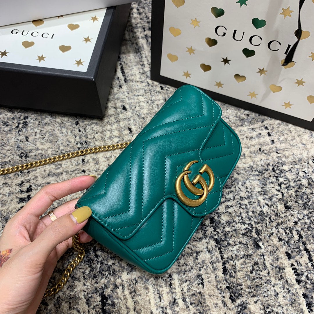 Luxury Gucci GG Marmont Mini 16.5cm Turquoise Calfskin Gold Hardware