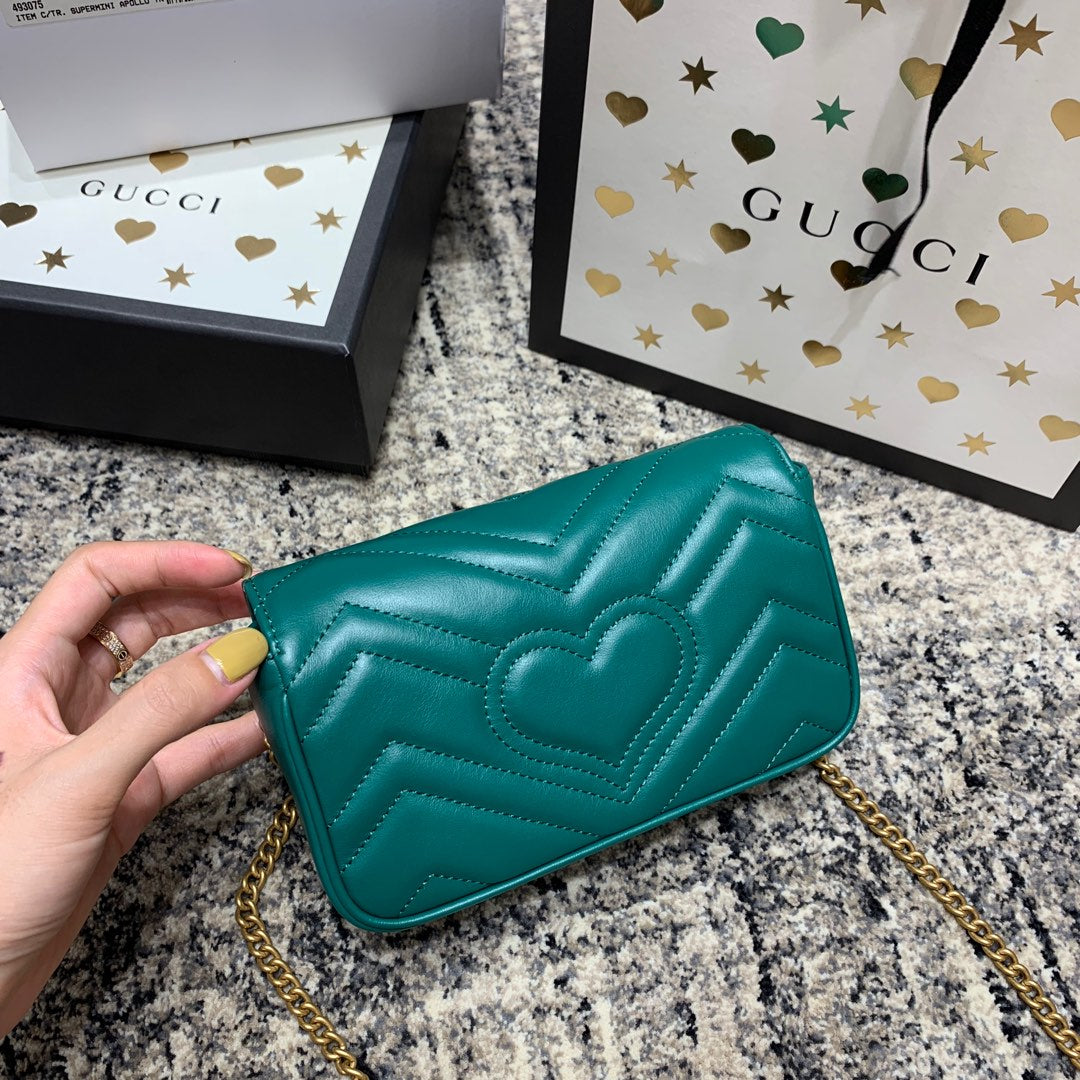 Luxury Gucci GG Marmont Mini 16.5cm Turquoise Calfskin Gold Hardware